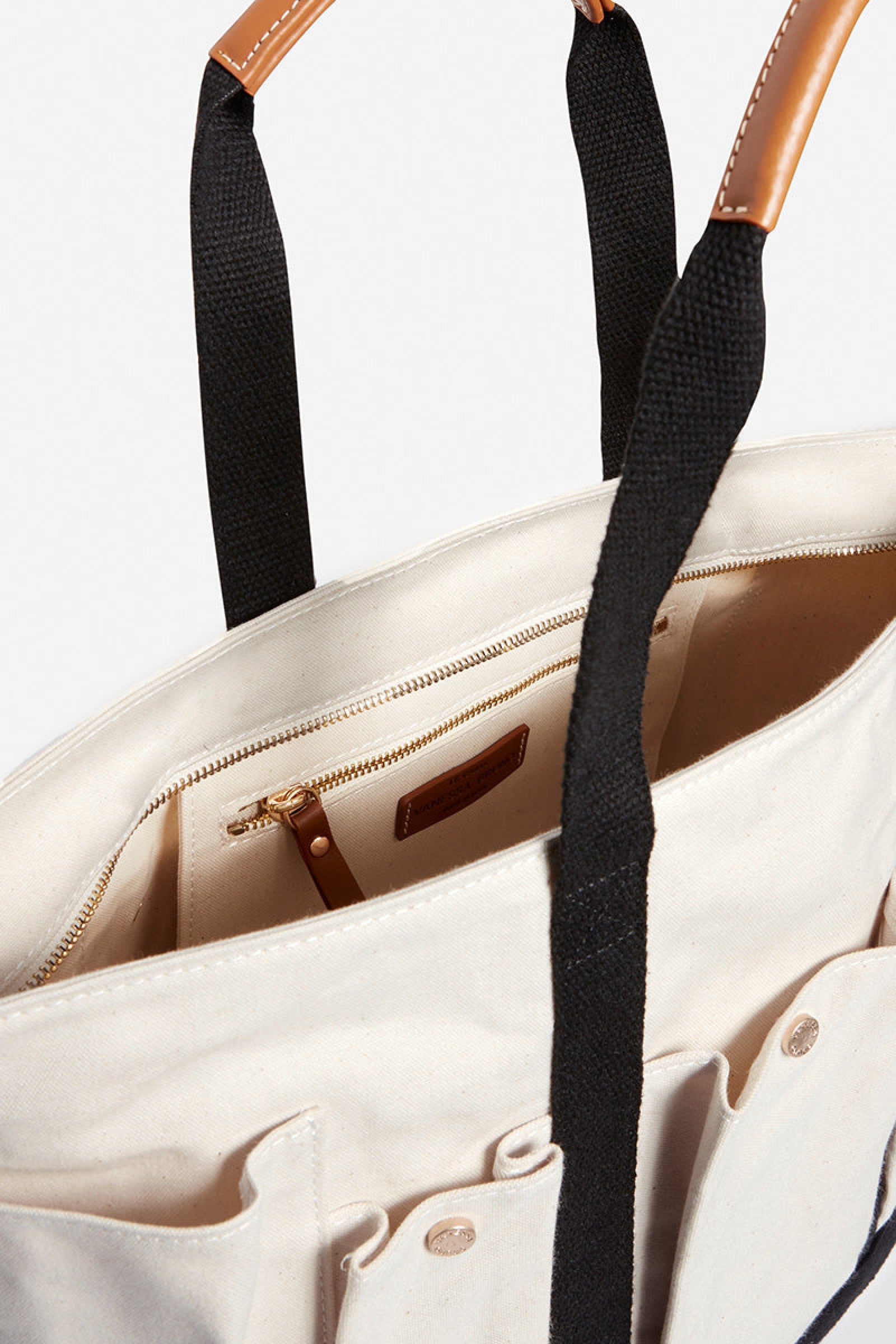L-size canvas shopping bag with multiple pockets - Ecru & Black
