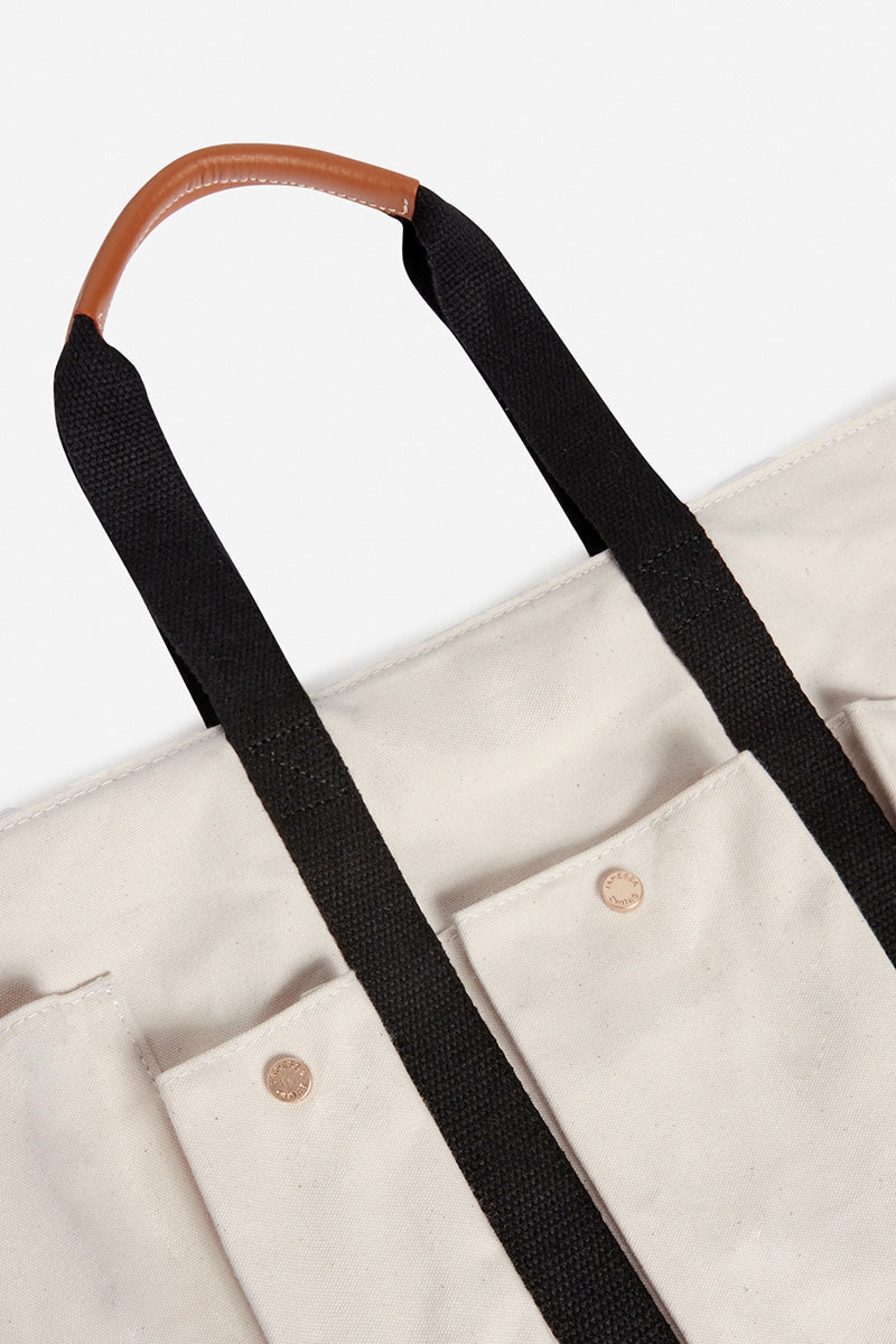 L-size canvas shopping bag with multiple pockets - Ecru & Black