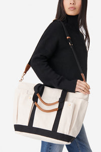 L-size canvas shopping bag with multiple pockets - Ecru & Black