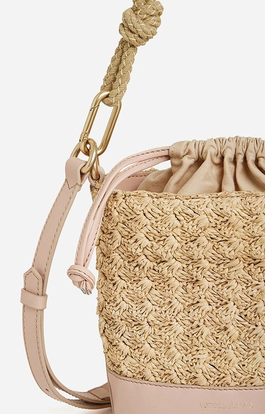 RECO : 120 // Mini sac seau Holly en raphia et cuir mélangé - Nude