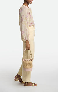 RECO : 120 // Mini sac seau Holly en raphia et cuir mélangé - Nude