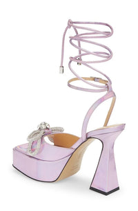 Double Bow 140 platform sandals in leather & rhinestone - Pink Iridescent