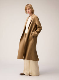 SAND, DARK TAUPE, YELLOW STRIPED DOUBLE WOOL REVERSIBLE COAT
