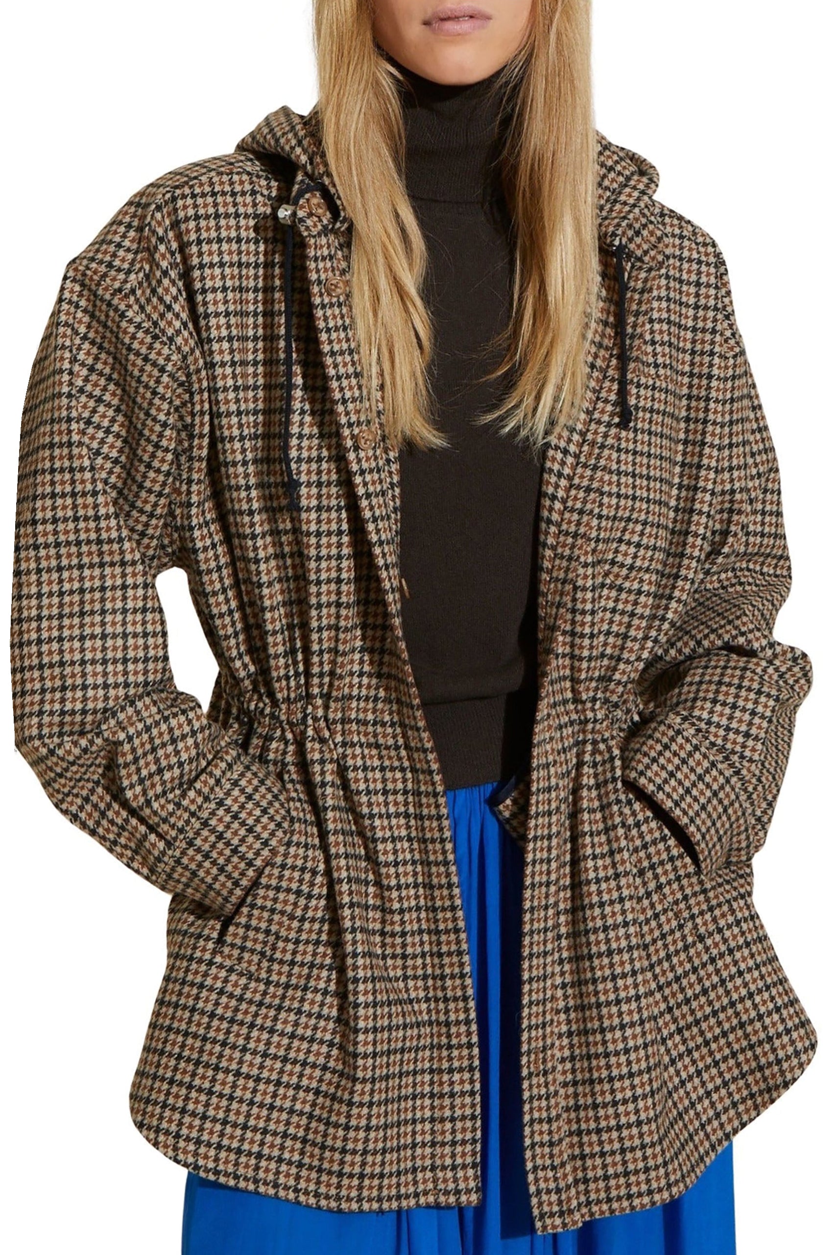Parka courte à motif pied de poule en laine - Beige