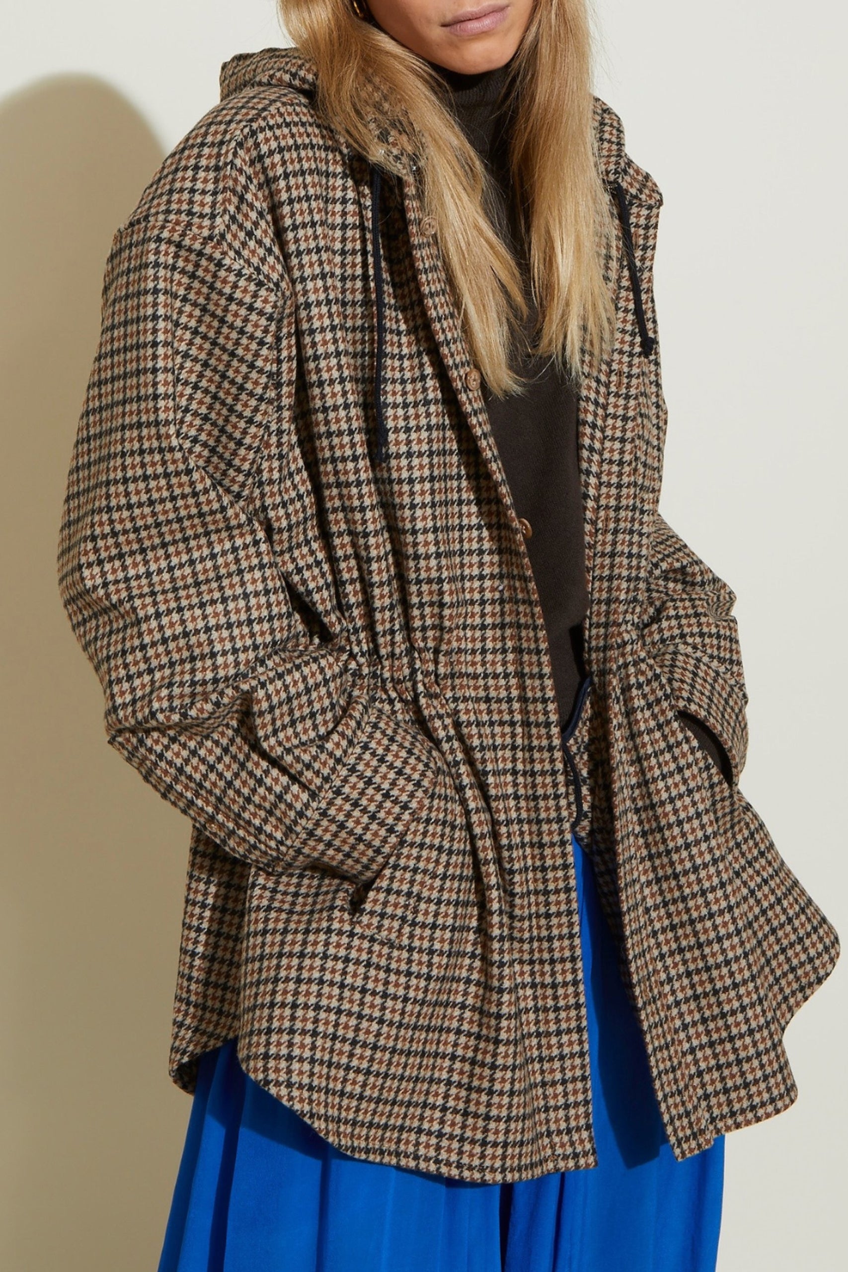Parka courte à motif pied de poule en laine - Beige