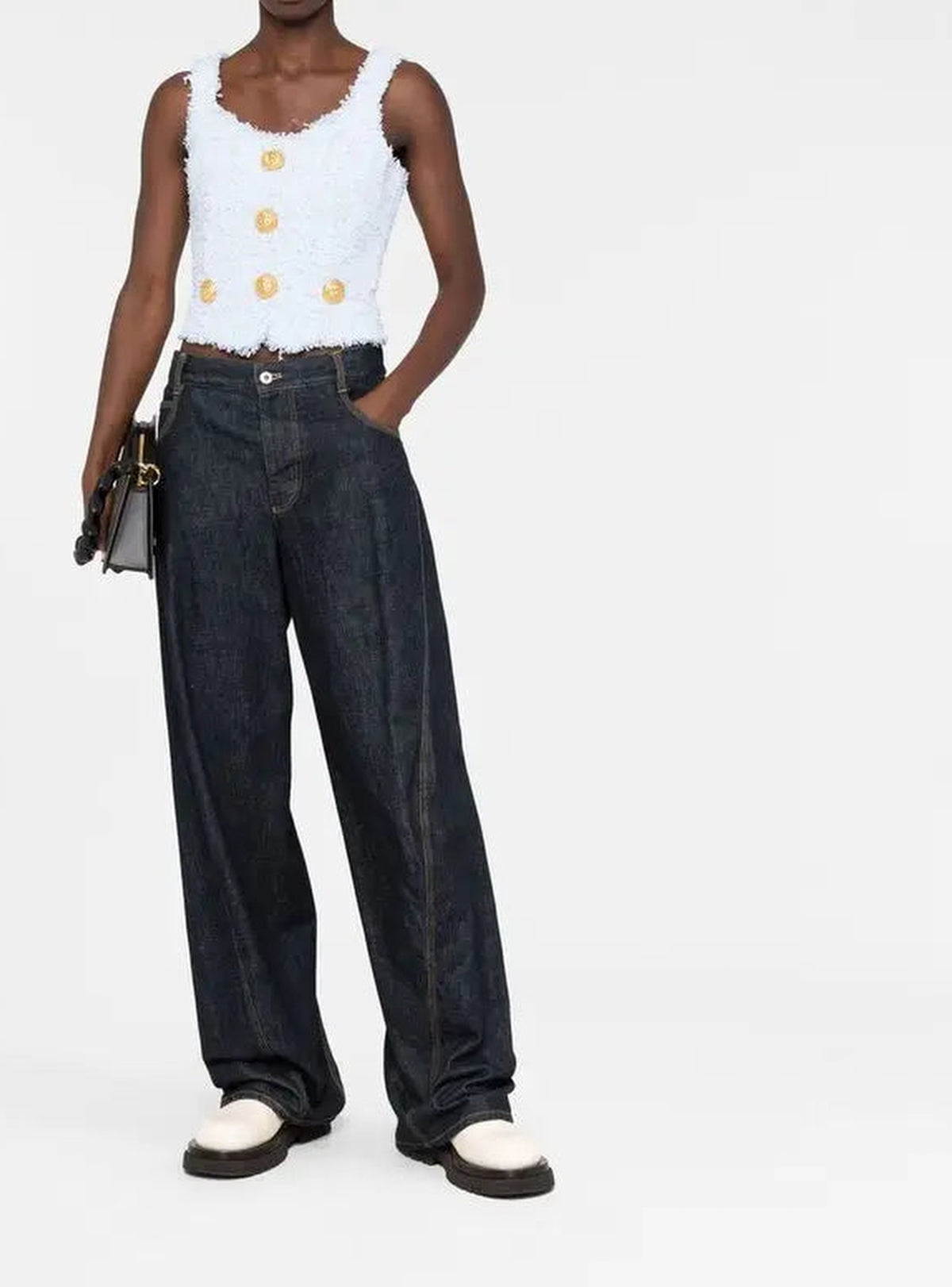 Crop top à bretelles en tweed - Bleu Pâle