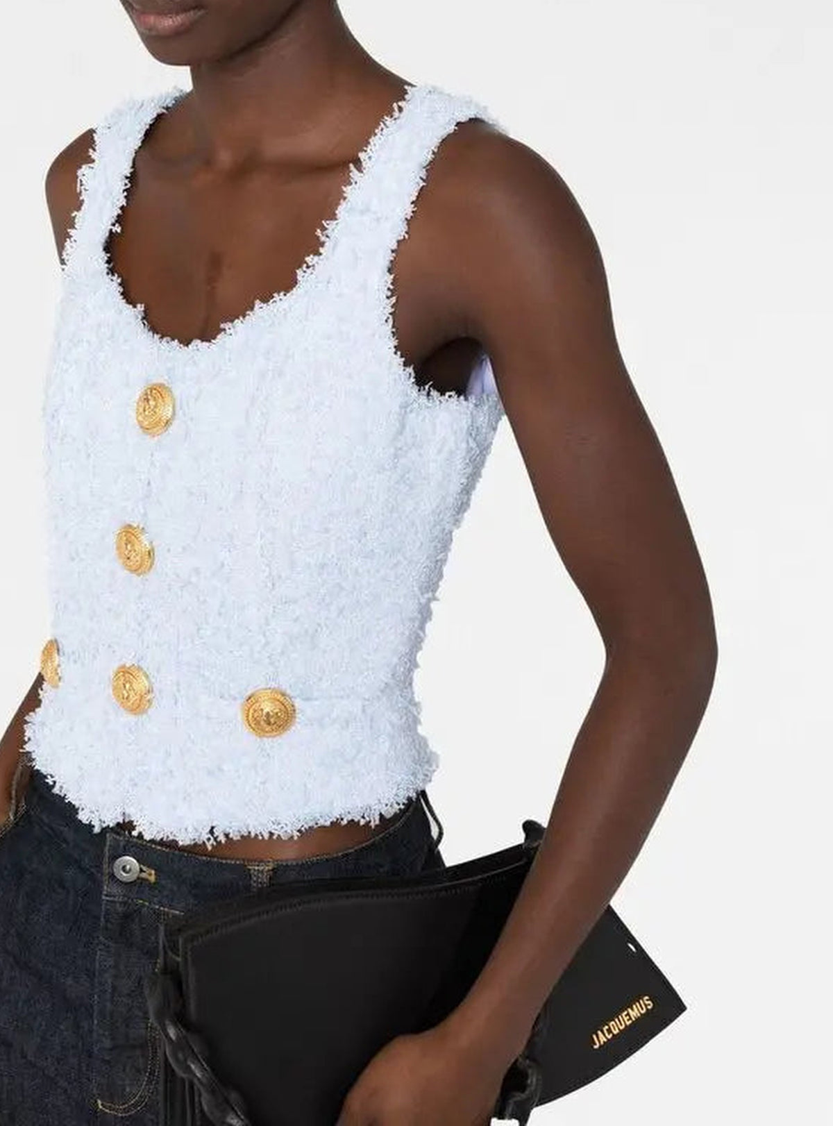 Crop top à bretelles en tweed - Bleu Pâle