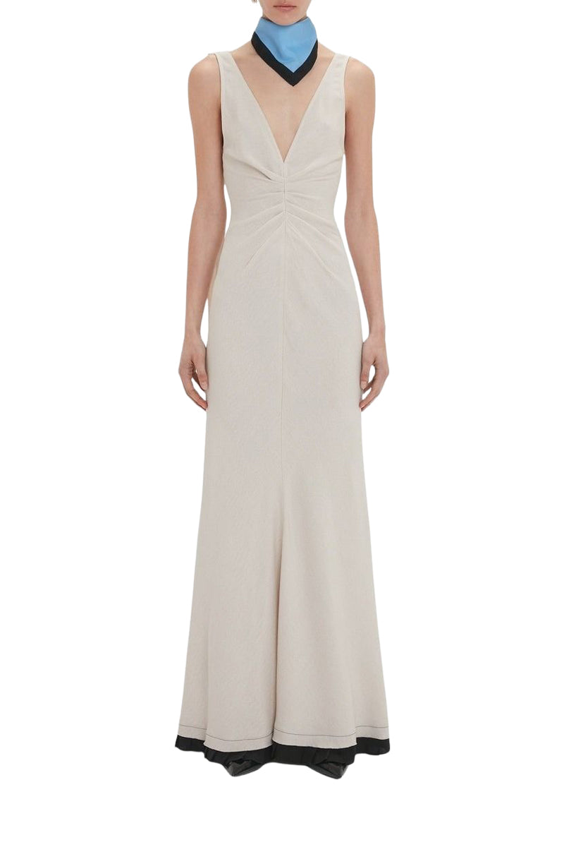 V-Neck Gathered Waist Gown - Bone