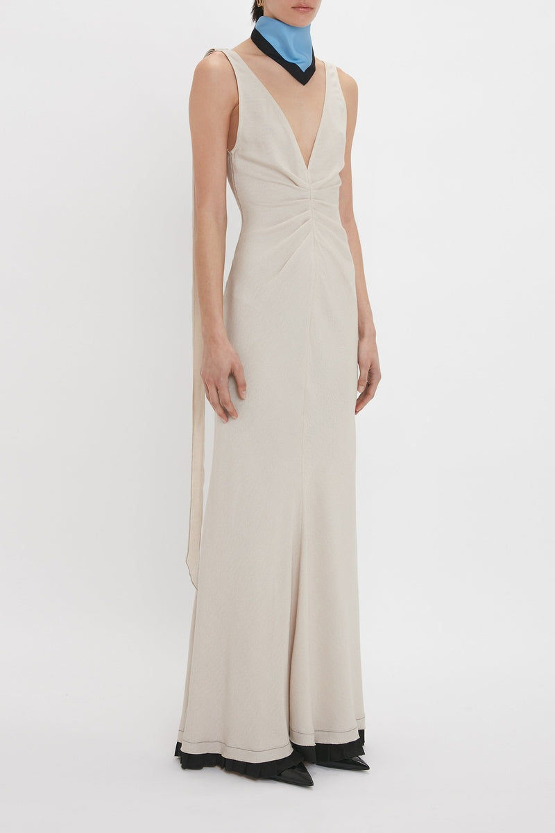 V-Neck Gathered Waist Gown - Bone