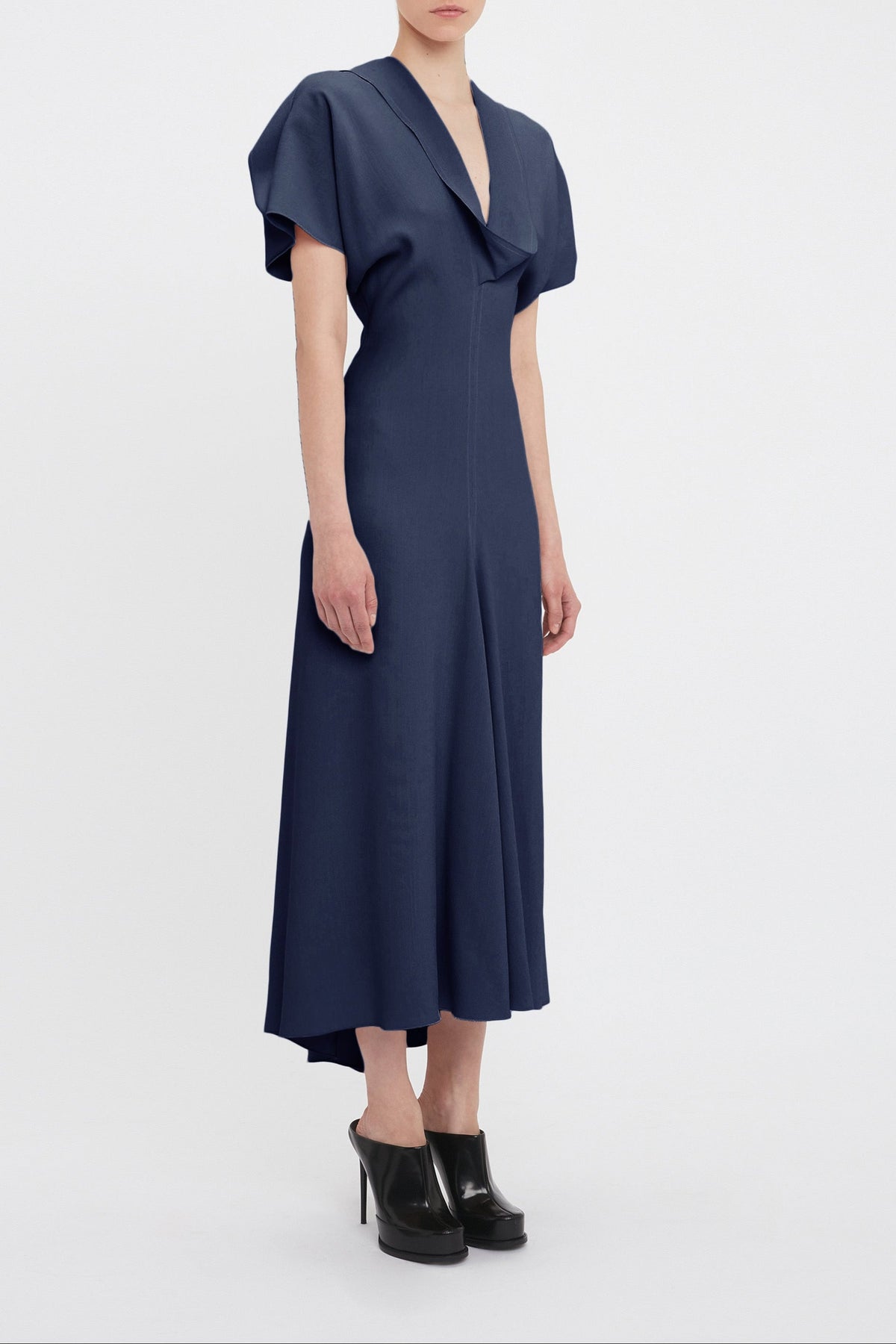 Drape Sleeve V-Neck Midi - Ink Blue