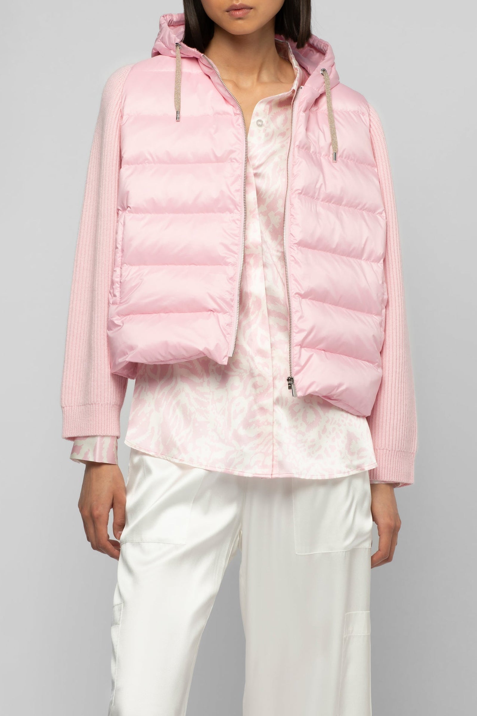 Dariella hooded down jacket with knitted sleeves - Dragée