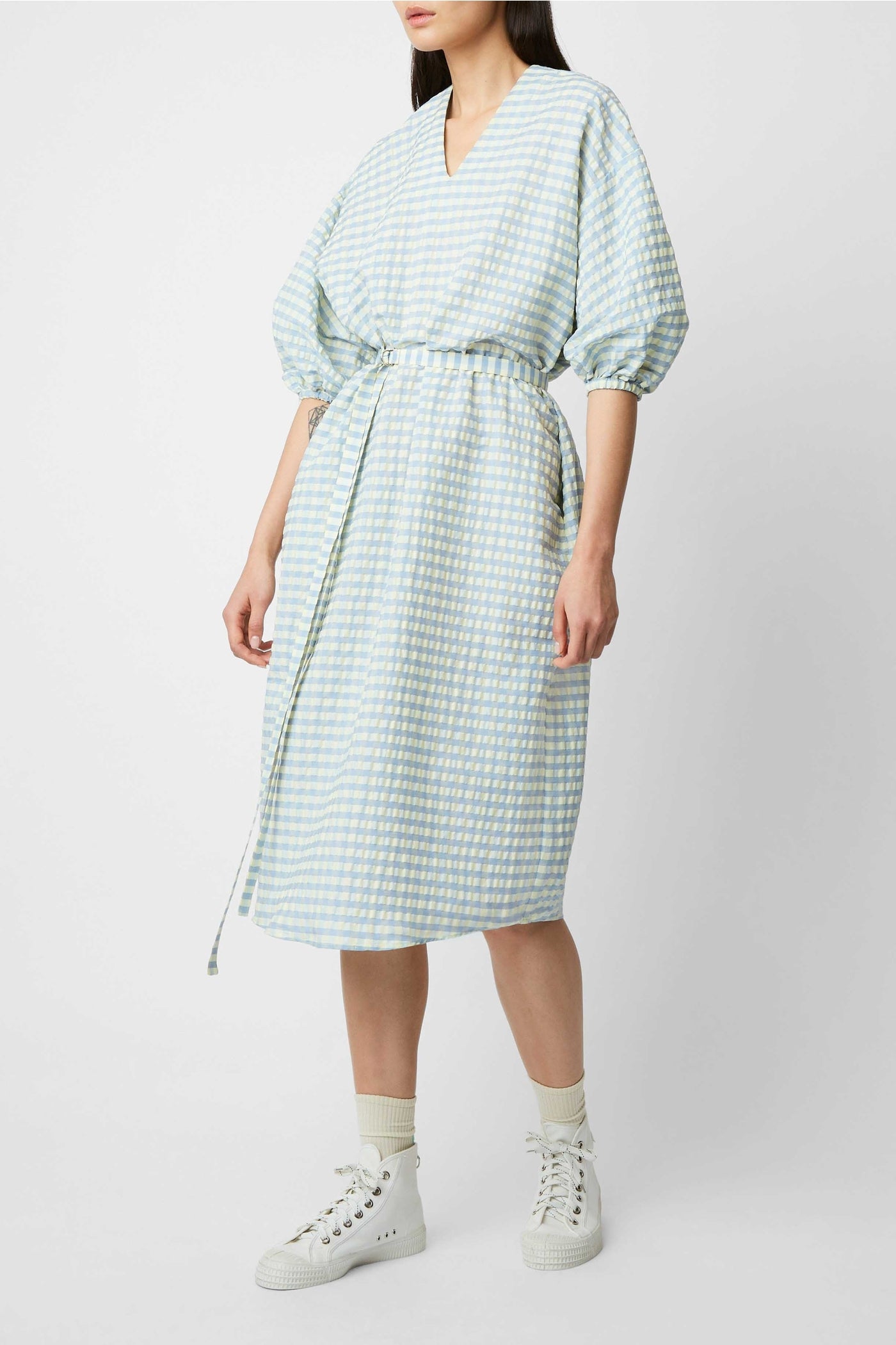 Robe midi Fine à carreaux - Ciel