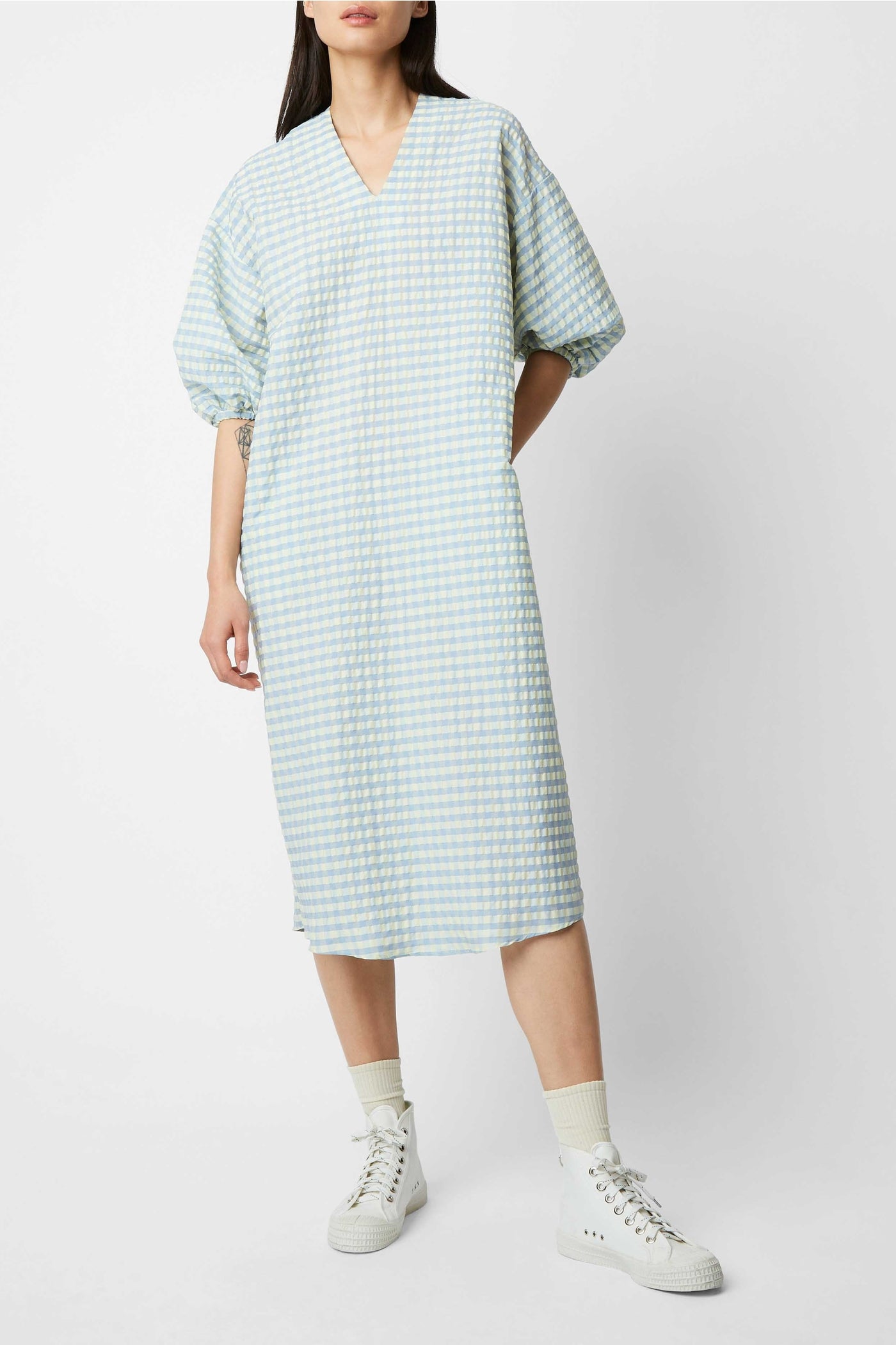 Robe midi Fine à carreaux - Ciel