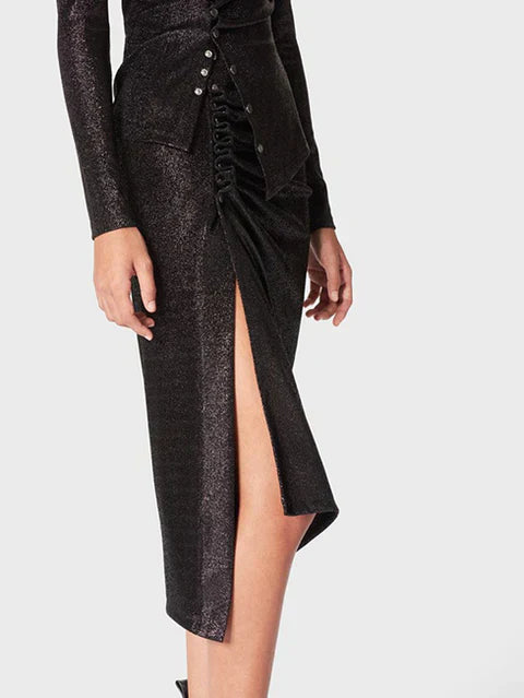 Glittering mid-length slit skirt - Black