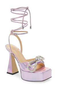 Double Bow 140 platform sandals in leather & rhinestone - Pink Iridescent