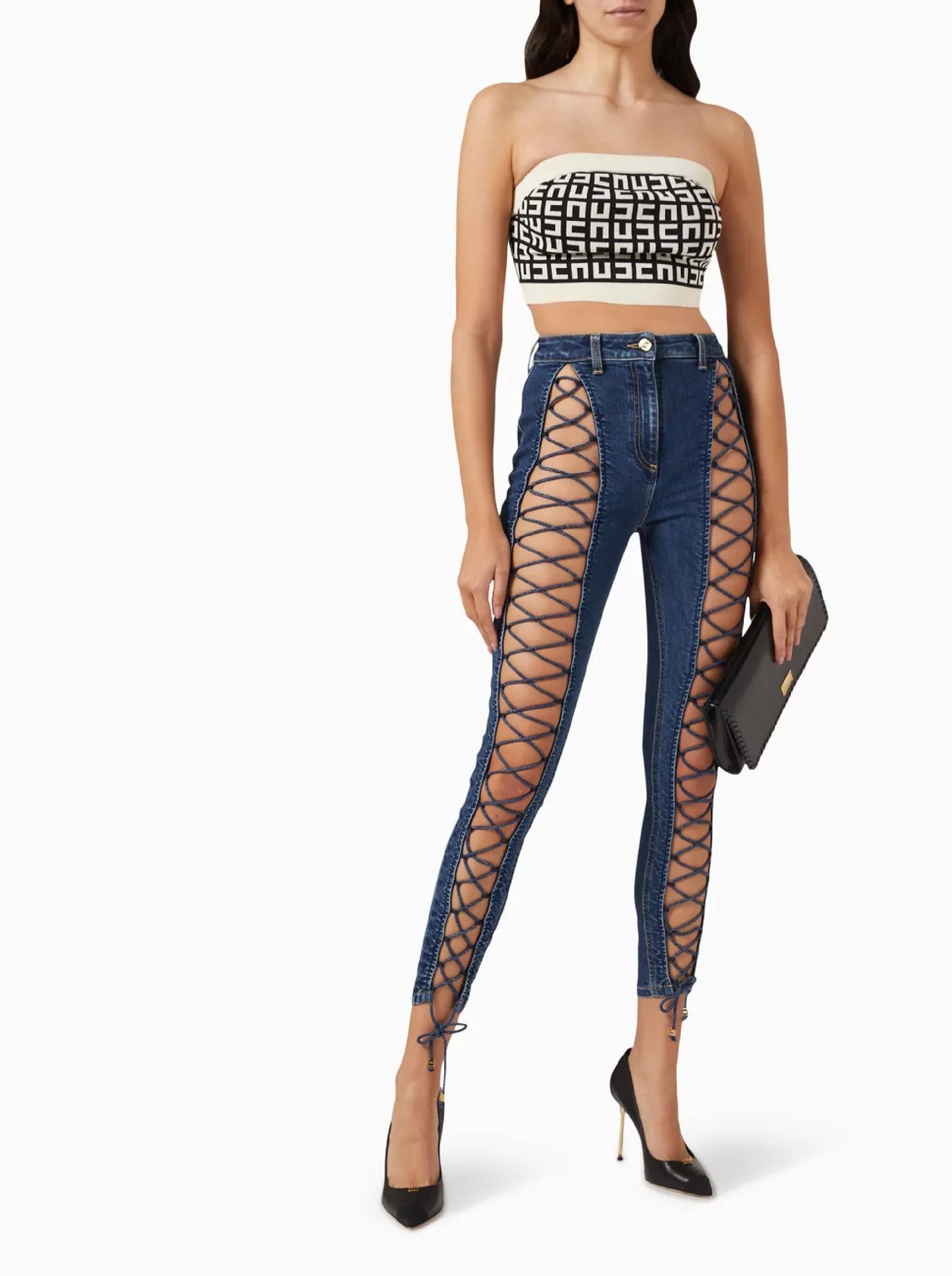 Pantalon slim à laçage latéral en denim - Denim