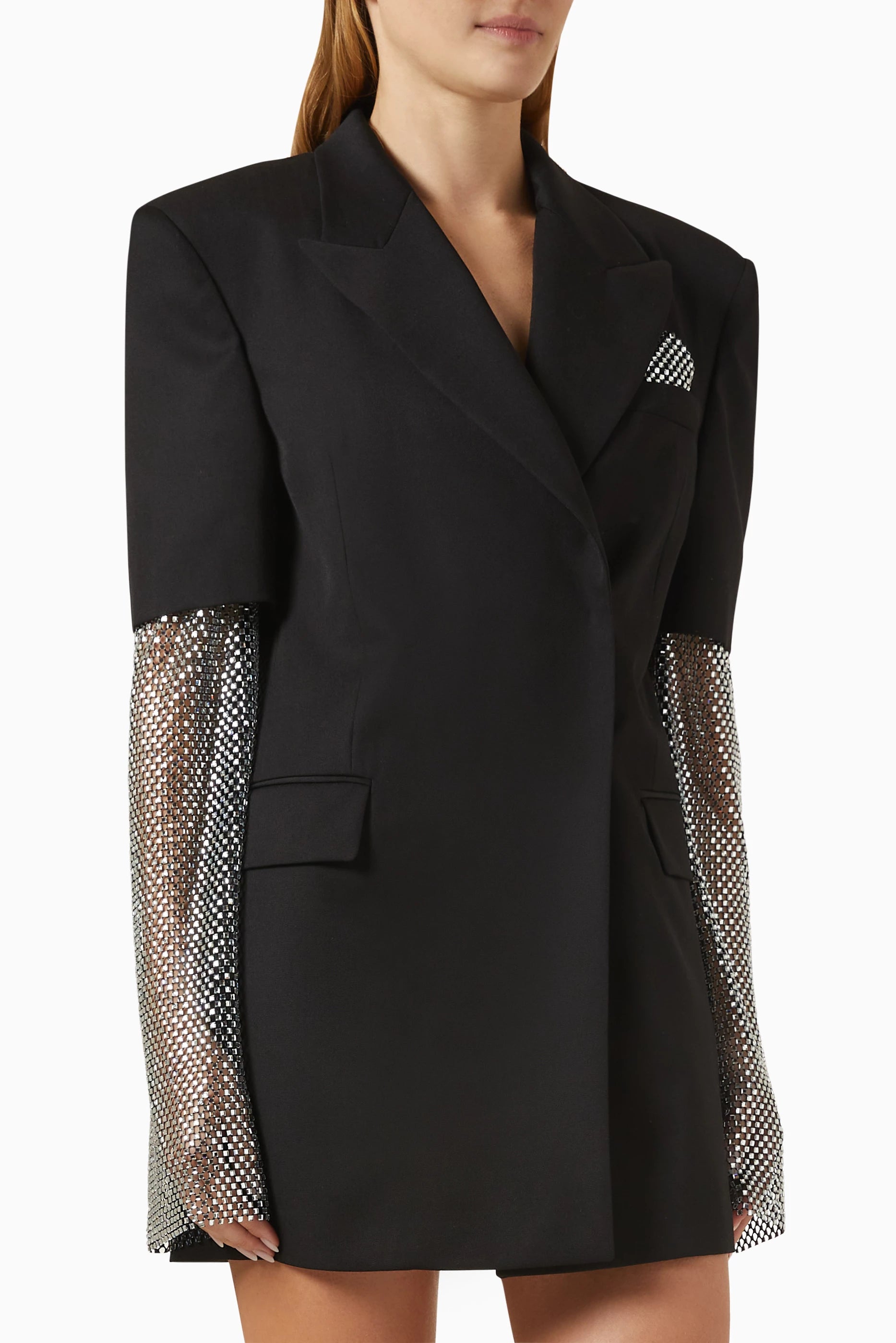 Short wool dress with rhinestone sleeves - Black