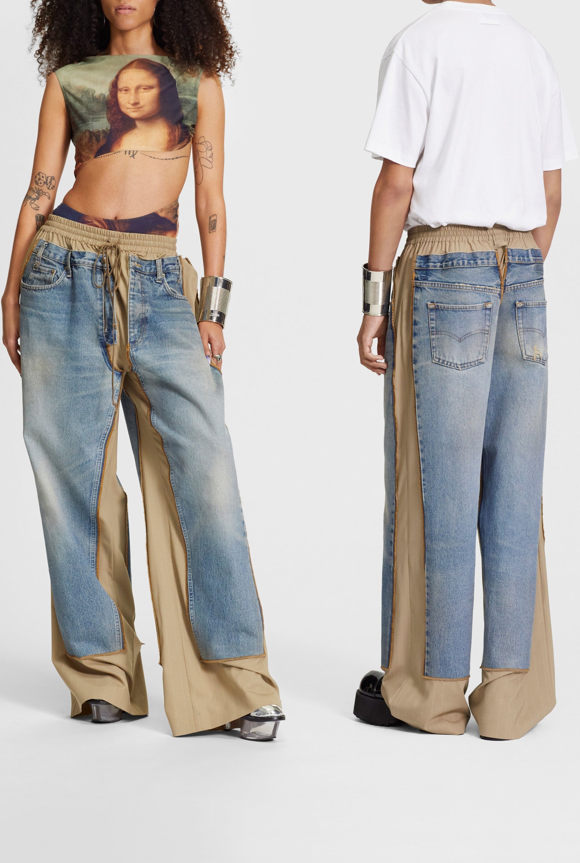 Pantalon à taille élastiquée en laine - Beige & Blue