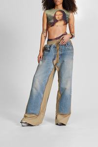 Pantalon à taille élastiquée en laine - Beige & Blue