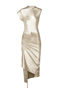Gold drapé pression dress in lurex