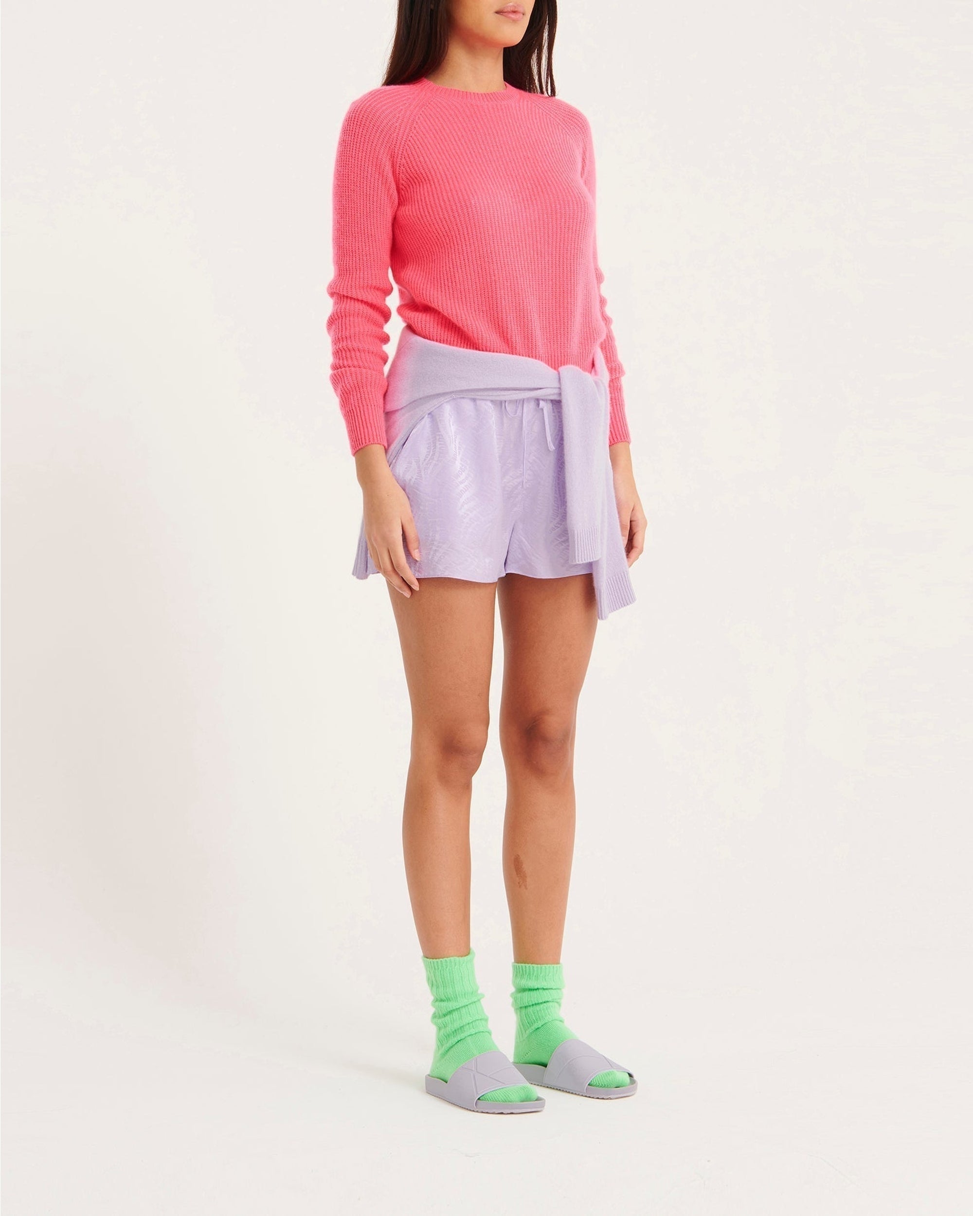 Pull à col rond court maille perlée en cachemire - Jaune Fluo