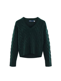 Pull col en V torsadé laine et cachemire - Moss Agate