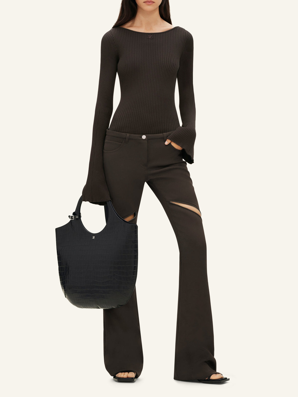 Pantalon bootcut Ellipse zippé en crêpe - Mud Brown