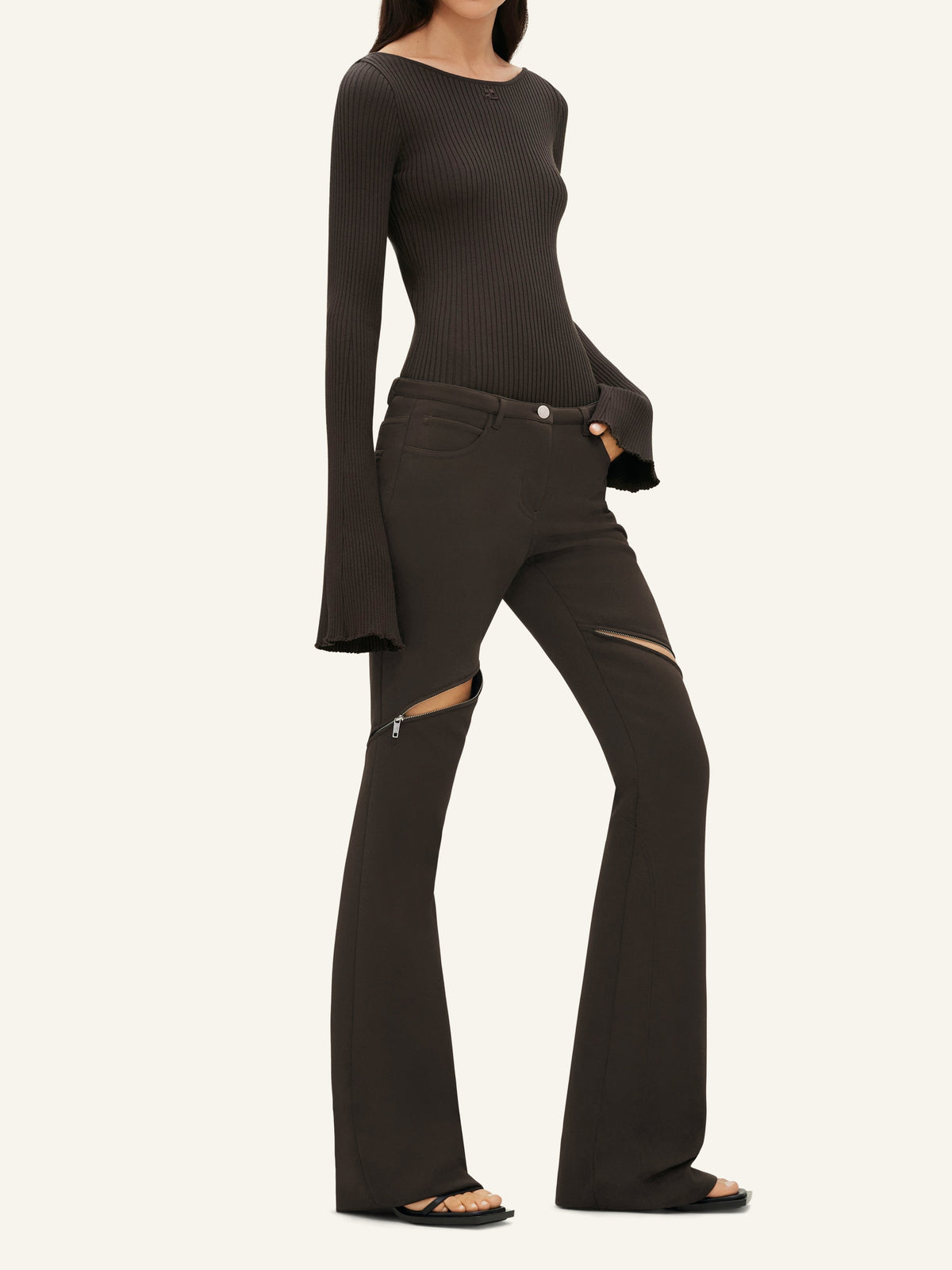 Pantalon bootcut Ellipse zippé en crêpe - Mud Brown
