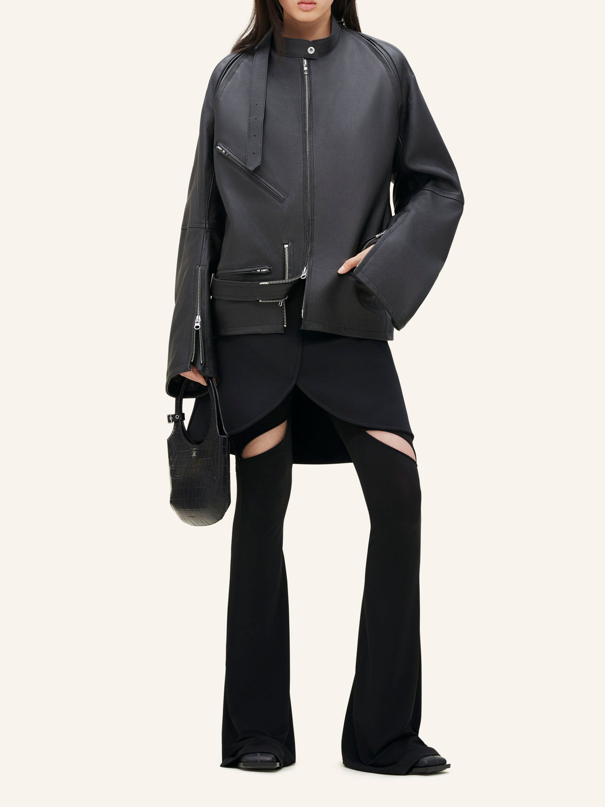 Blouson Biker avec manches zippées en cuir - Black