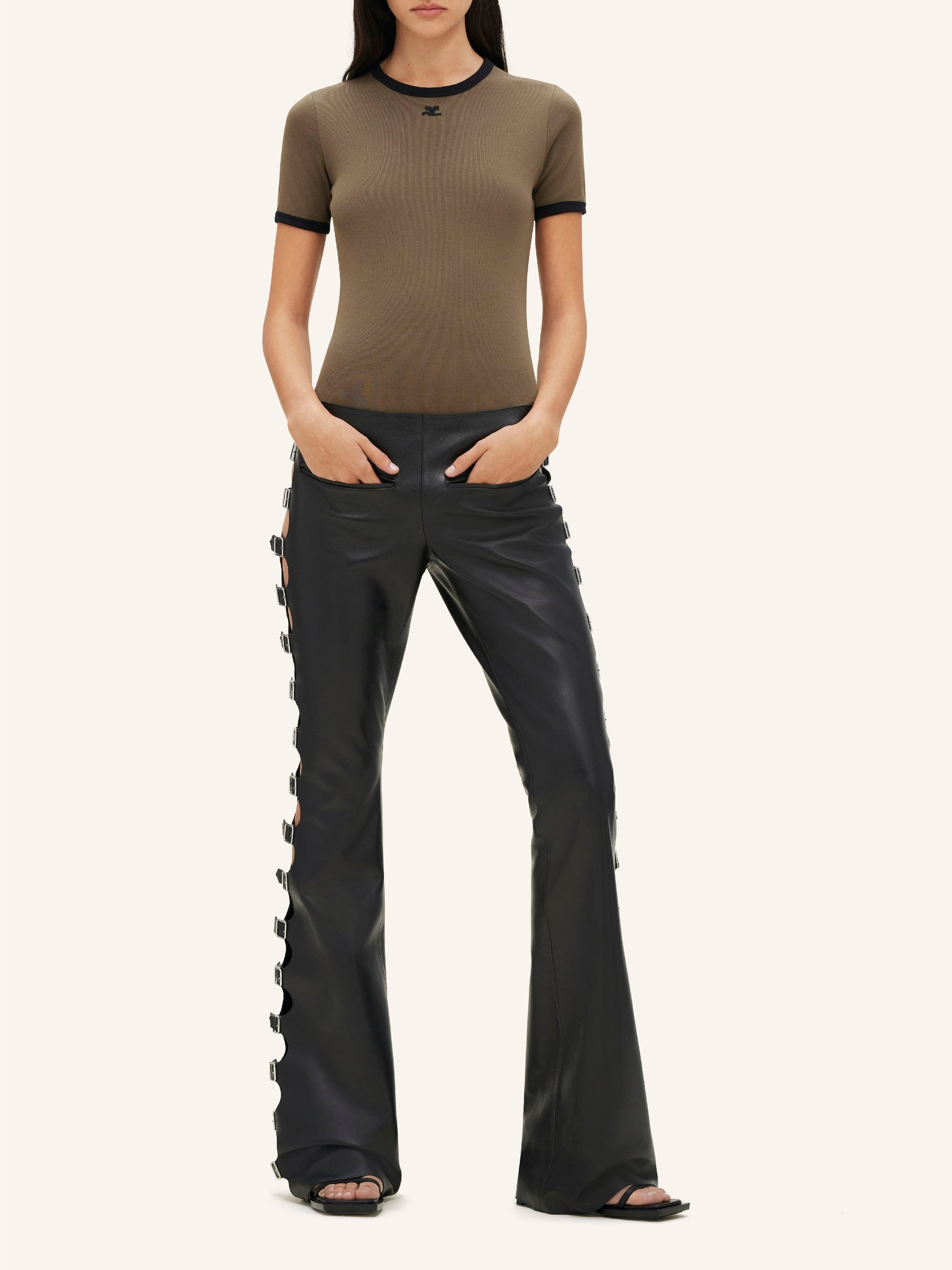 3pcs NEW / PANTALON BOOTCUT MULTI SANGLES EN CUIR - Black