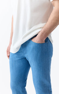 Anthony Five Pocket Pant en denim bleu clair washed coton lin denim