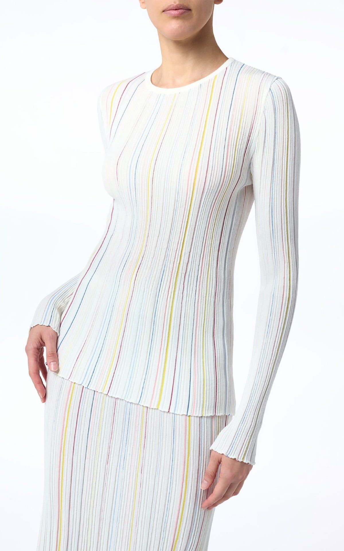 Ivory Multi / Pull col rond rayé Augie à manches longues en laine - Ivory Multi