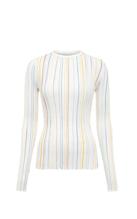 Ivory Multi / Pull col rond rayé Augie à manches longues en laine - Ivory Multi
