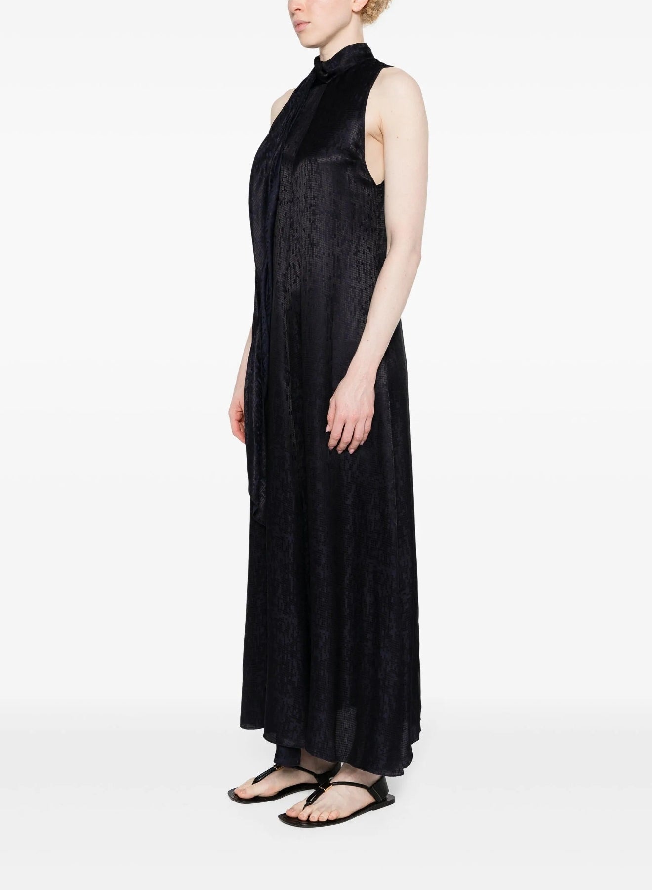 Silk blend microdamier flowing scarf dress - Nuit