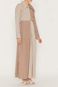 BEIGE BROWN URS DRESS STRIPES robe longue rayée avec col