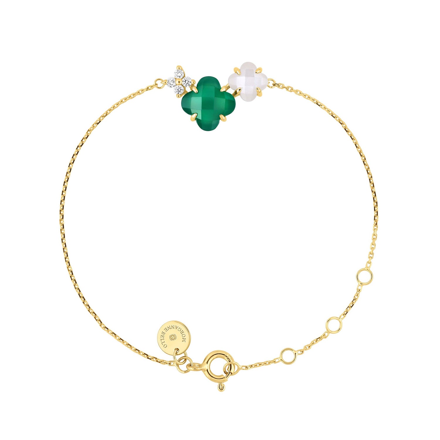 Yellow Gold & Agate and Moonstone Bouquet Bracelet - Green & White