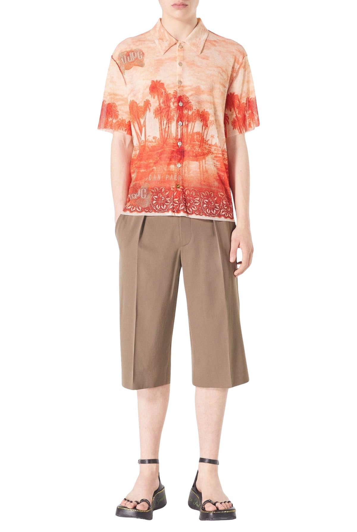 Chemise unisexe à manches courtes imprimée en tulle - Écru & Red