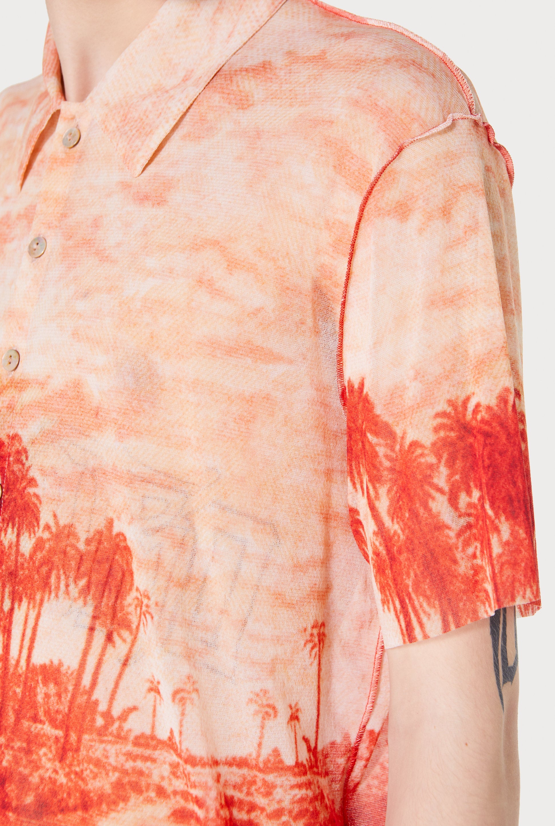 Chemise à manches courtes imprimée en tulle - Ecru & Red