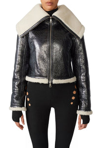 Veste bombardier Cyber en cuir - Black & Écru