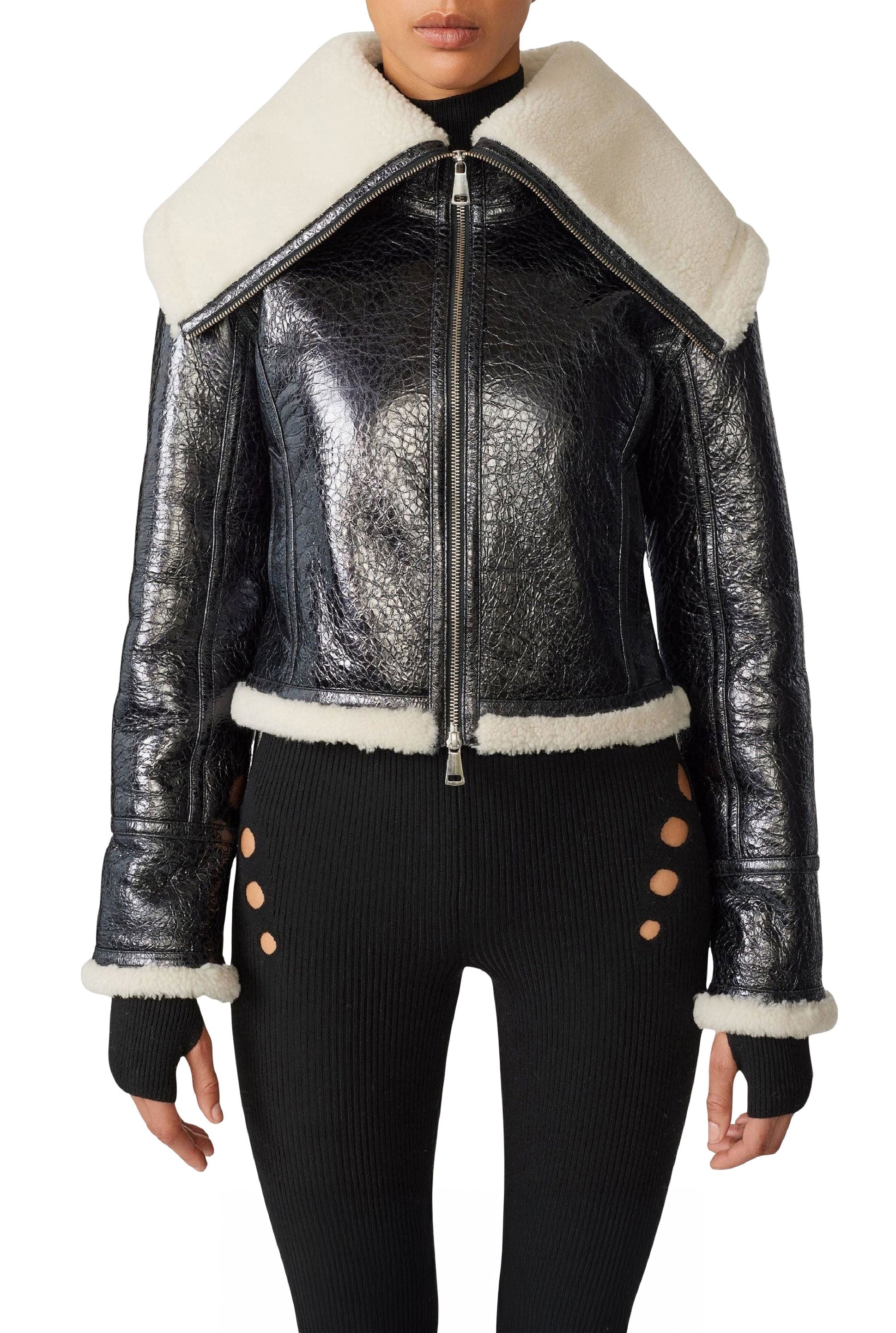 Veste bombardier Cyber en cuir - Black & Écru