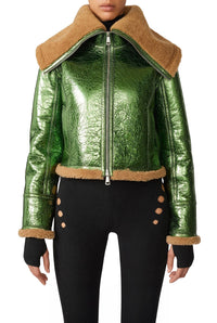 Veste bombardier Cyber en cuir - Beige & Green