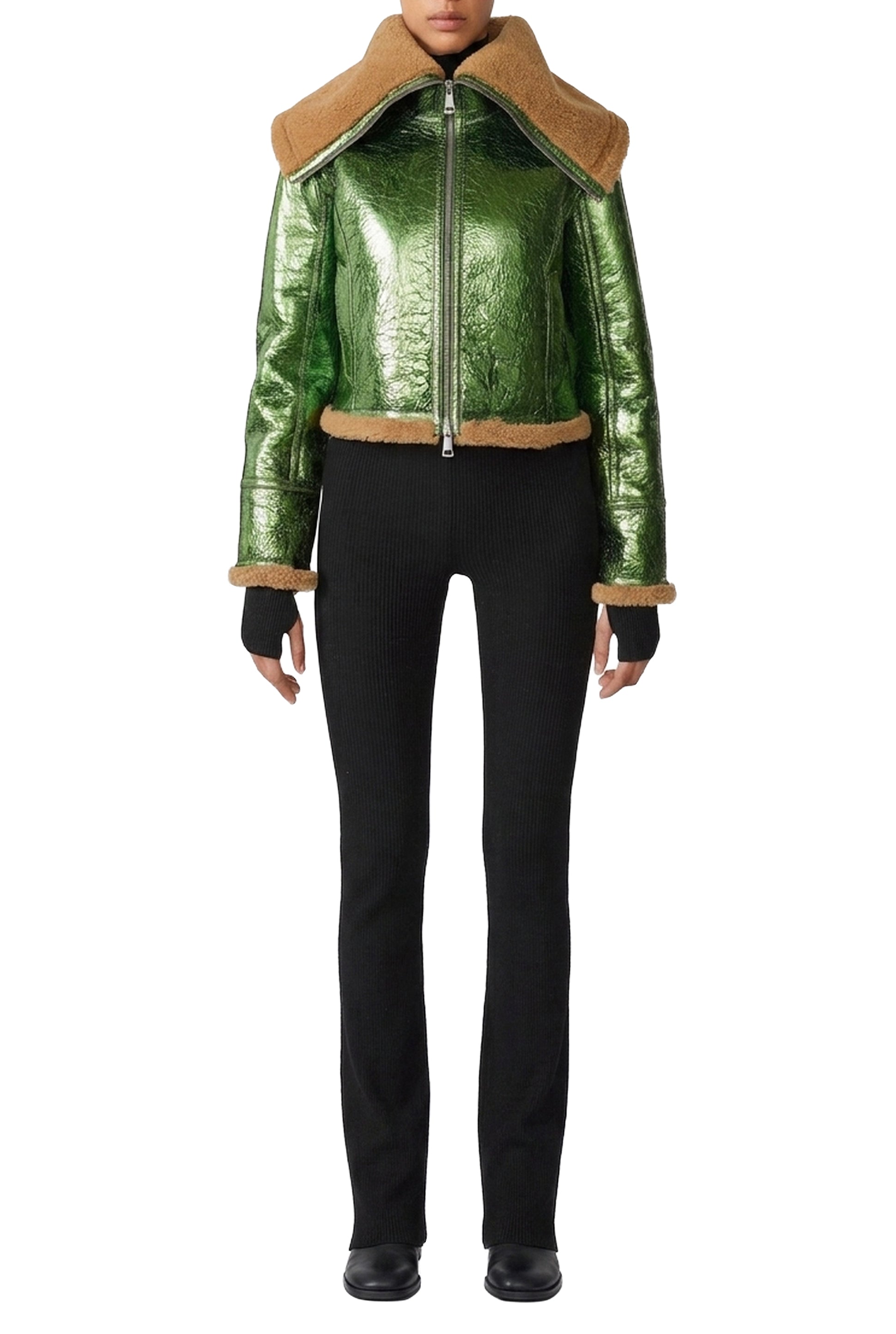 Veste bombardier Cyber en cuir - Beige & Green