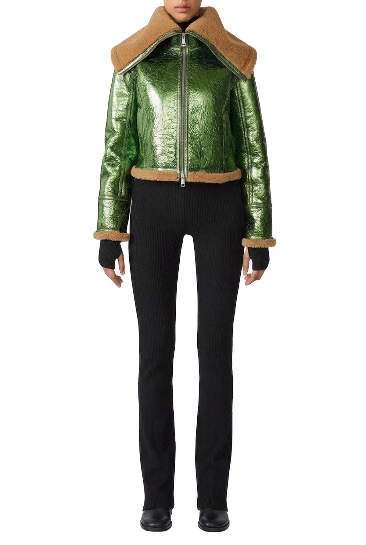Veste bombardier Cyber en cuir - Beige & Green