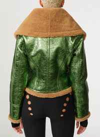 Veste bombardier Cyber en cuir - Beige & Green