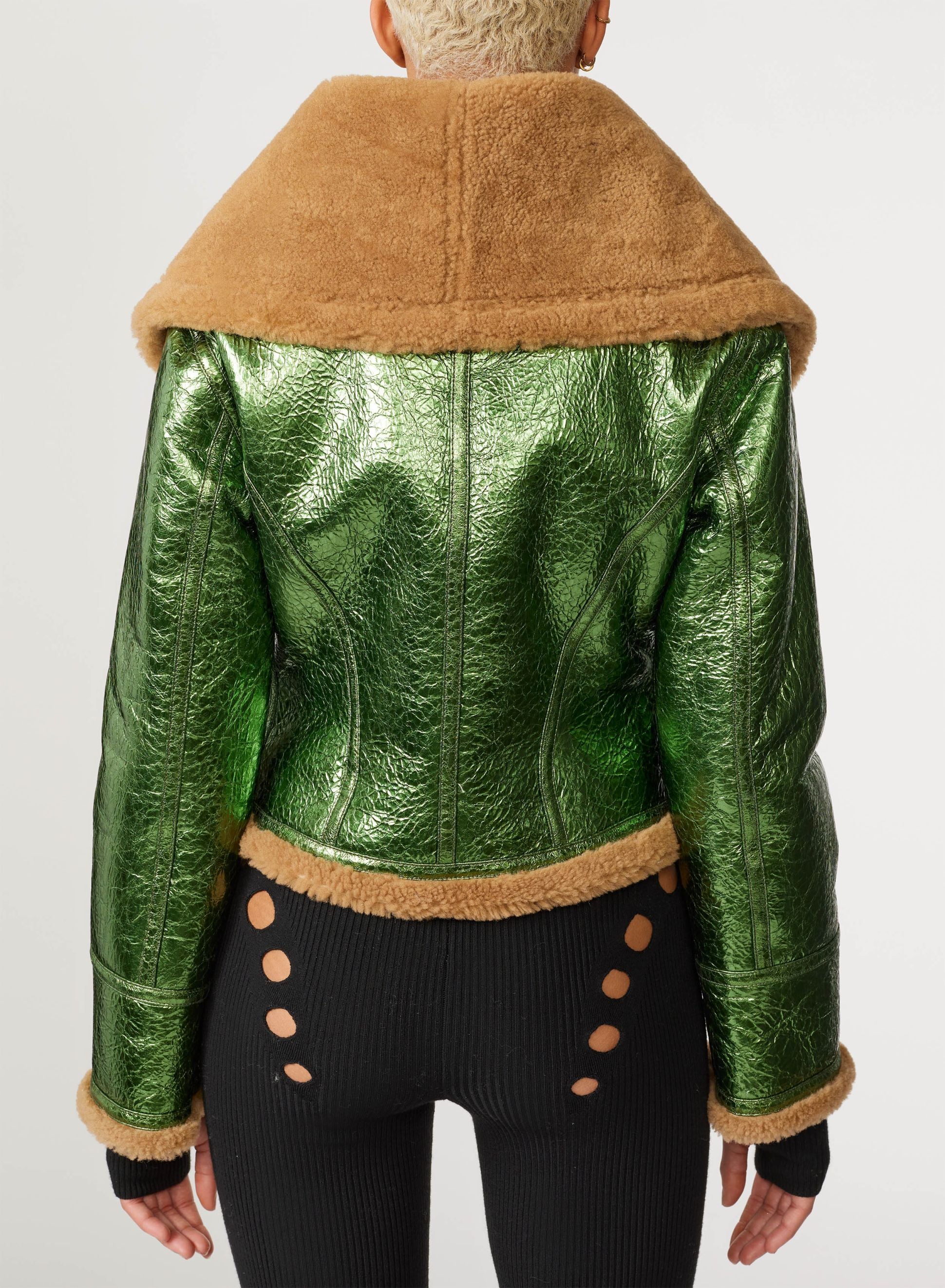 Veste bombardier Cyber en cuir - Beige & Green