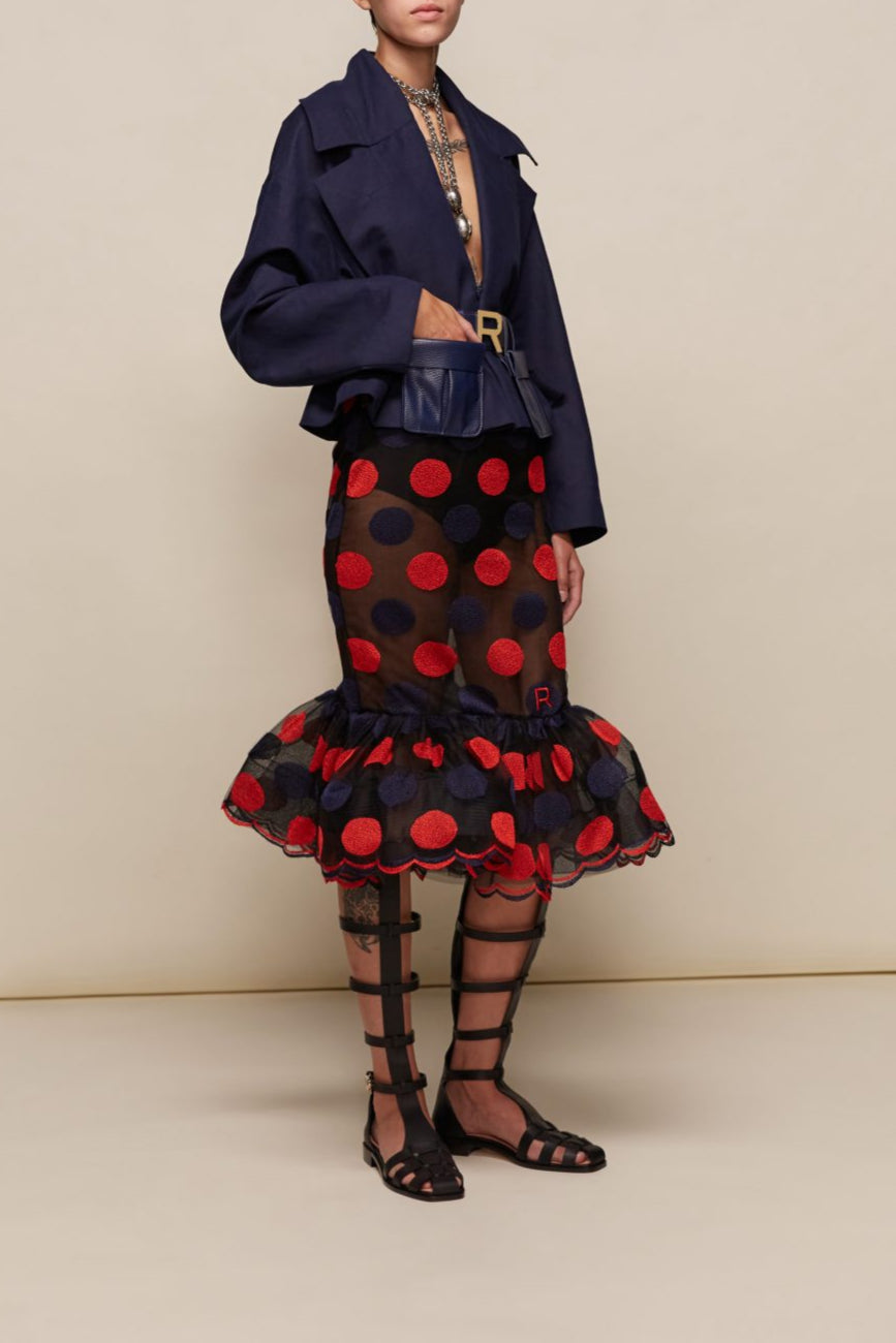 Jupe midi en dentelle à pois - Bleu