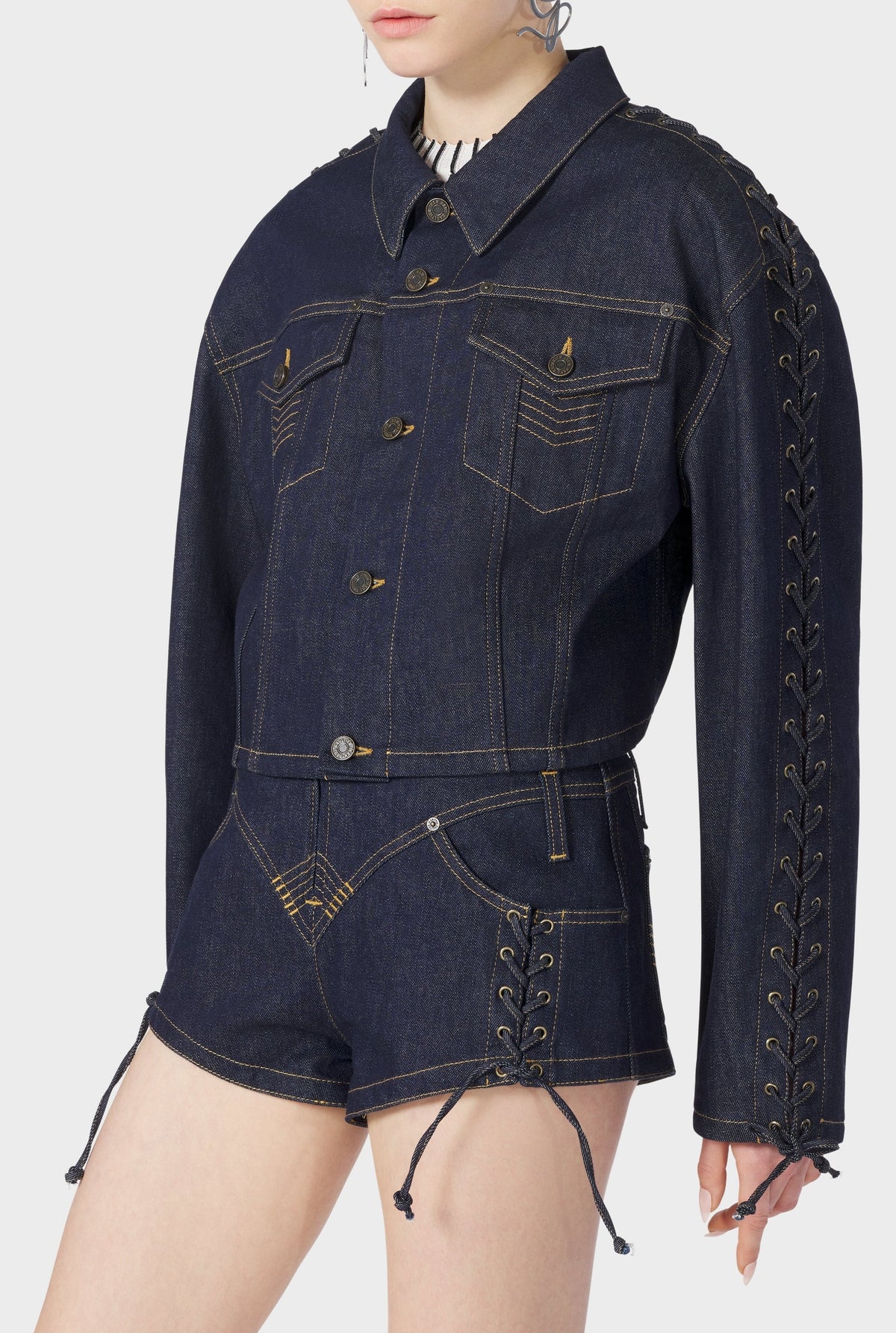 Veste Flower à lacets en denim - Indigo