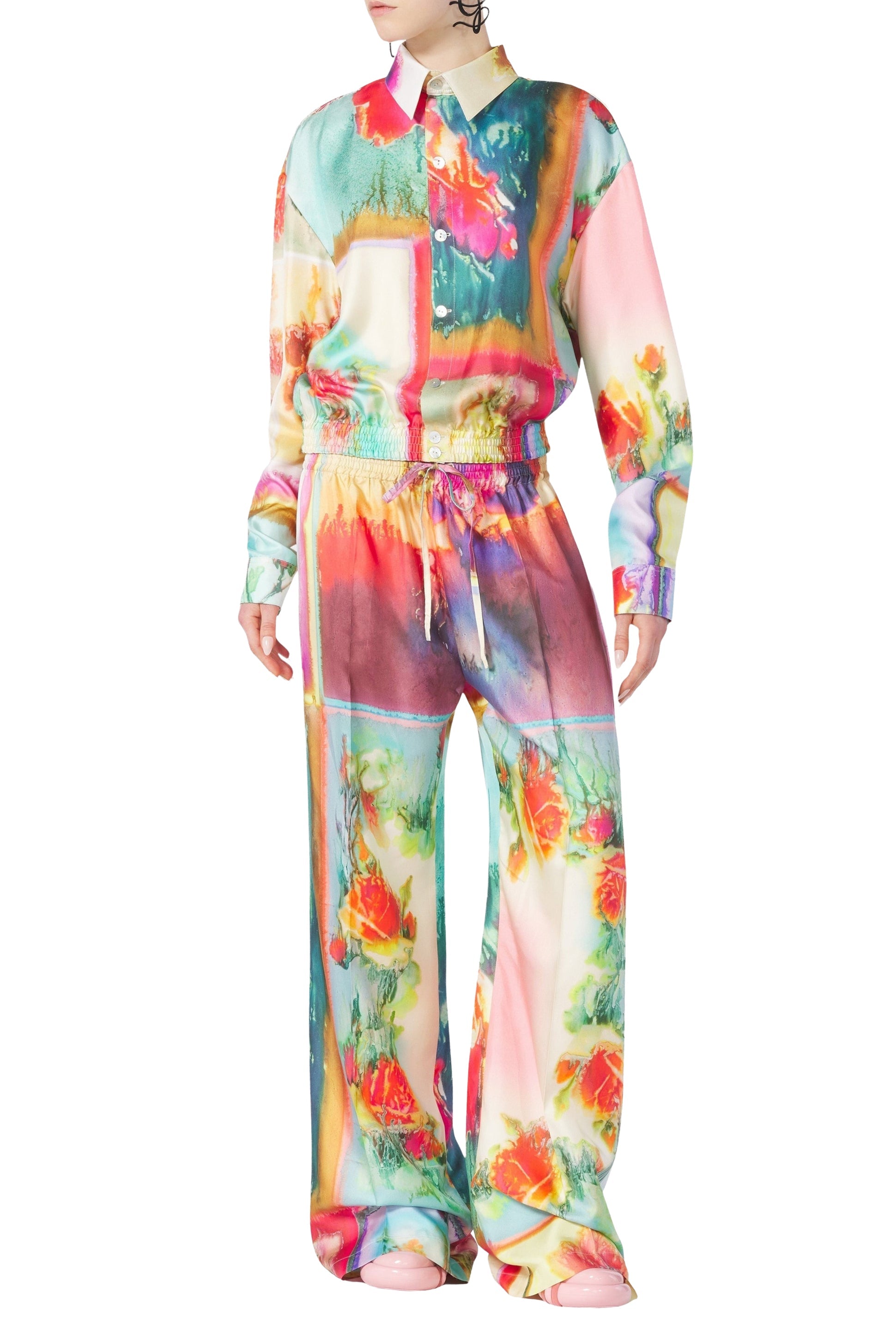 Pantalon Flower imprimé en soie - Multicolor