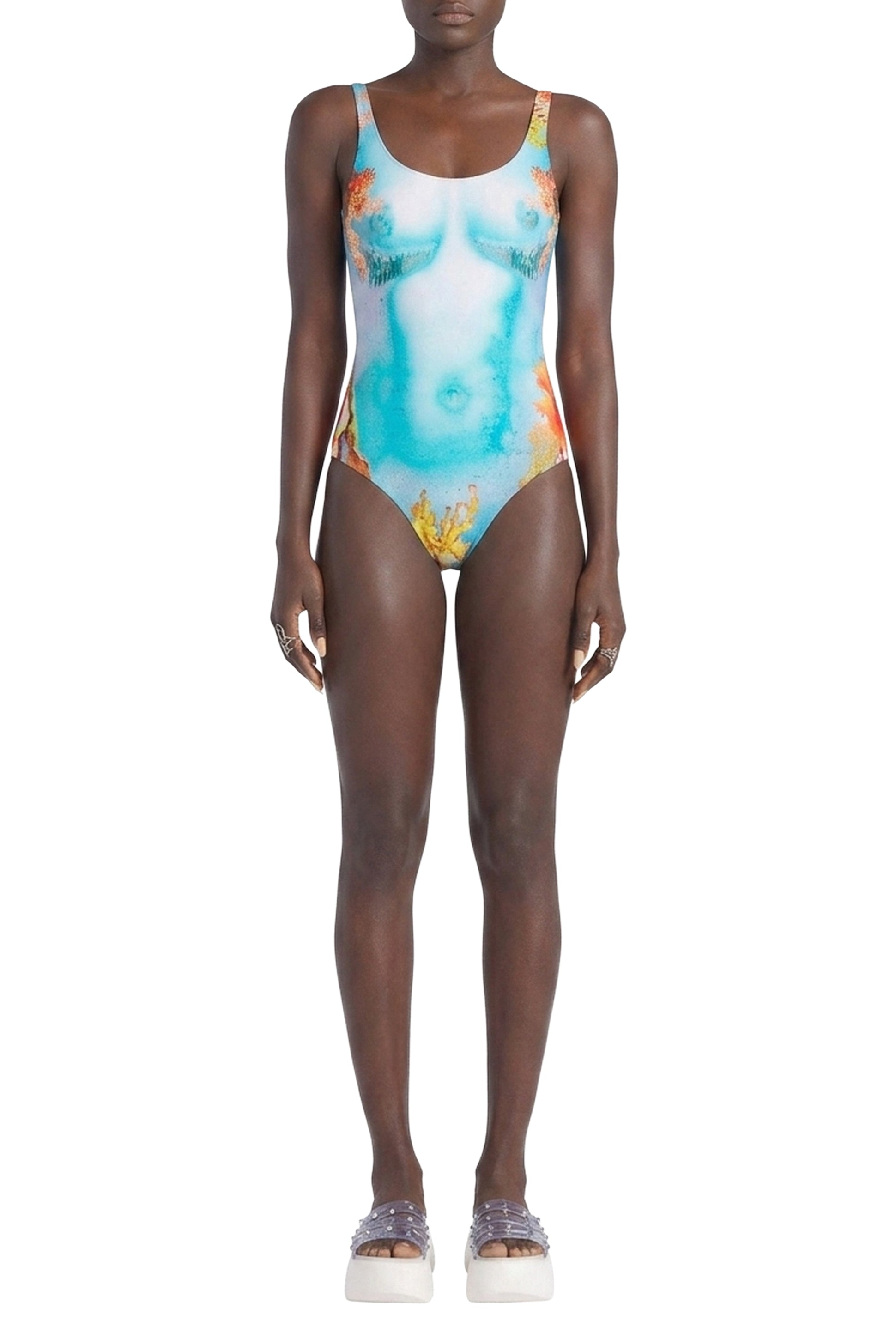 Flower print one-piece swimming costume - Blue & Yellow