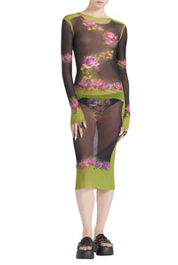 Robe Flower imprimée en tulle - Green & Black